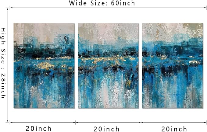 MAMAGO Abstract Wall Art Blue Gold City Landscape Canvas Print Picture for Modern Home Office Wall Artwork Framed Easy to Hang-20”W x 28”Hx3pcs