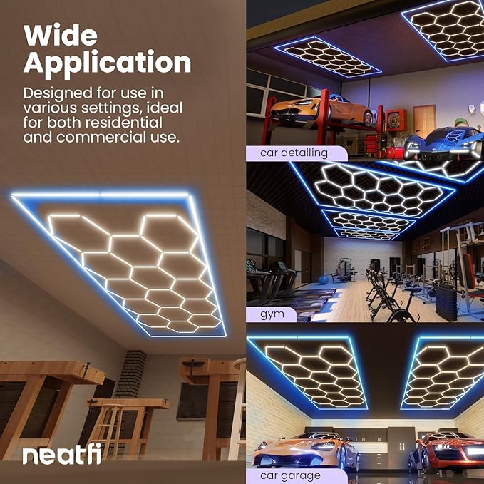 Neatfi LED Hexagon Garage Light 60,720 Lumens, 552W, Honeycomb Ceiling Light for Car Detailing, Auto Shops, Workshop, Warehouse, and Gym (15 Hex Grids, Blue)