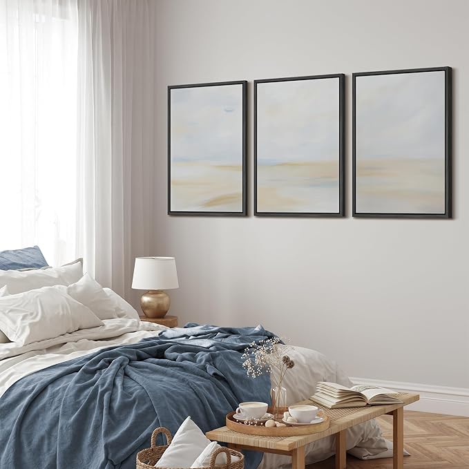 MUDECOR Framed Wall Art Print Set Minimalist Coastal Horizon in Soft Blue and Sand Colors Illustrations Modern Art Boho Decorative Chic for Living Room, Bedroom, Office - 16"x24"x3 Black