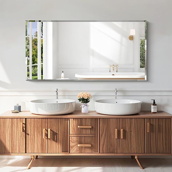 KOCUUY Beveled Mirror, 24x48 Inch Frameless Bathroom Mirror for Over Sink, Upgraded Shatterproof Beveled Unframed Design Mirror for Bathroom, Bedroom, Hang Horizontal/Vertical