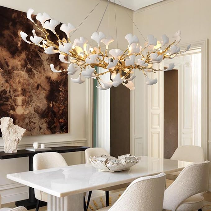 Modern Gold Leaf Chandelier for Dining Room, 55-inch Rectangle Ceramic Ginkgo Leaf Chandelier Over Table, Tree Branch Chandeliers for Living Room and Kitchen