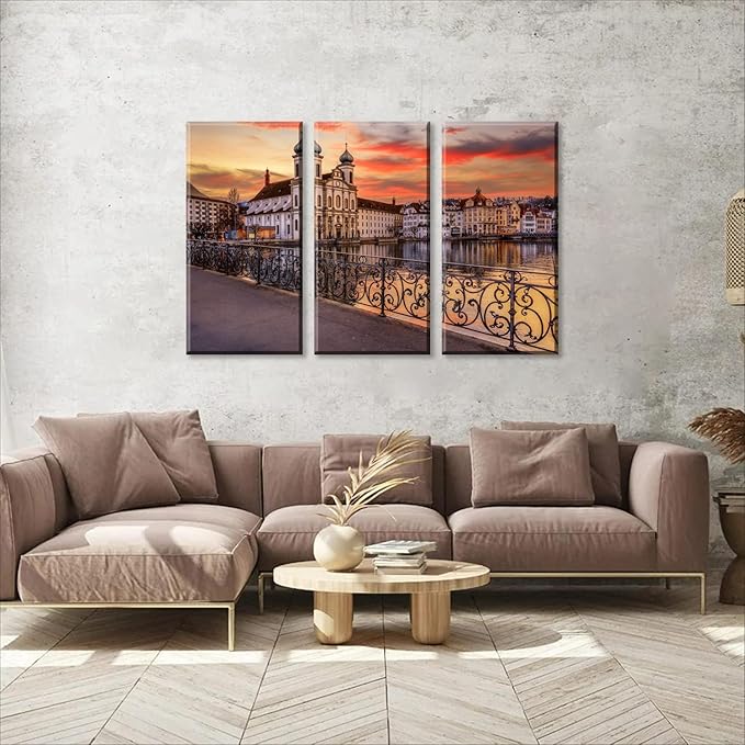 3Pcs European Cityscape Canvas Wall Art Scenic Sunset Over River Cathedral with Domes Lucerne-Inspired Architecture Romantic Travel Destination Decorative Framed Artwork for Living Rooms Bedrooms