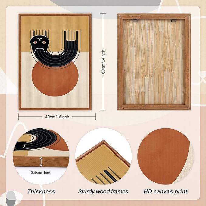LHIUEM Boho Cat Framed Canvas Wall Art,Mid Century Animal Wall Decor,Modern Black Kitty Painting,Minimalist Orange Beige Artwork for Living Room,Bedroom,Dining Room -16"x24"x3