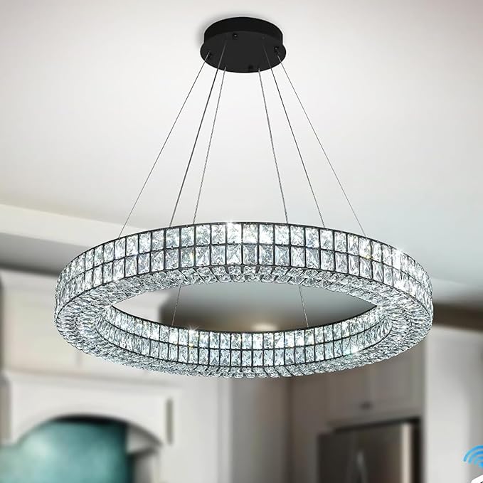 Modern Large LED Ring Chandelier Dimmable Crystal Chandeliers for Dining Room Living Room Entryway Staircase(2700K-6000k, Black 40 inch)