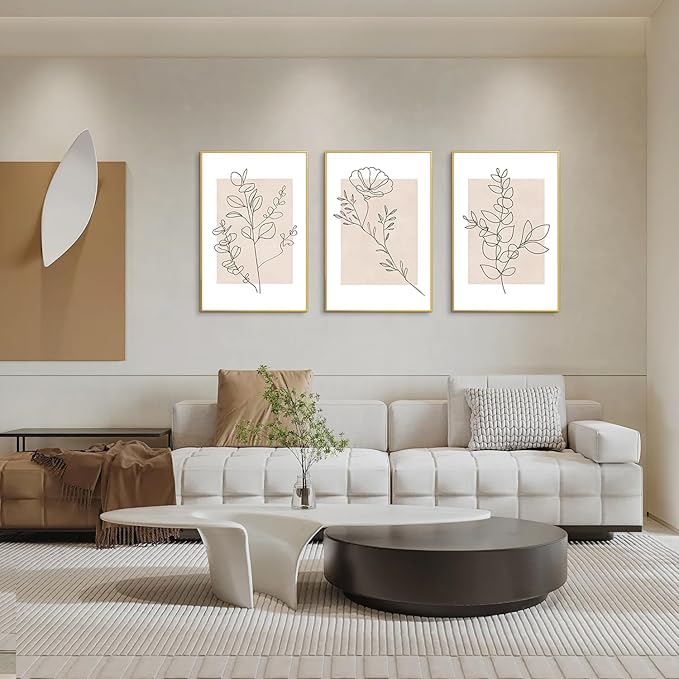 CHDITB Floral Line Framed Canvas Wall Art Set, Minimalist Flower Wall Decor, Neutral Beige Plants Wall Painting, Abstract Botanical Leaf Stripe Art Print for Living Room, Bedroom, Office - 16"x24"x3