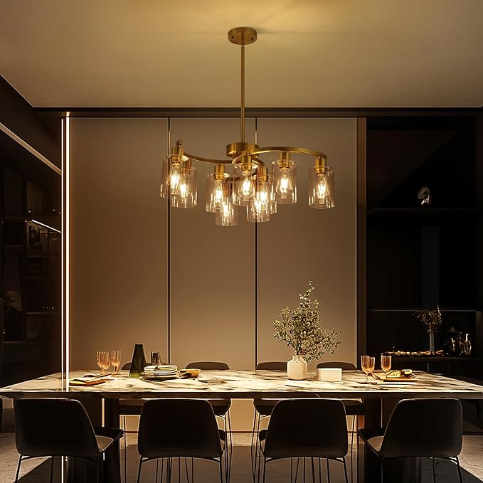 9-Light Gold Glass Chandelier, Adjustable Height Dining Room Light Fixtures Over Table, Contemporary Hanging Chandelier for Kitchen Island Living Room Foyer Office, Clear Glass Shade