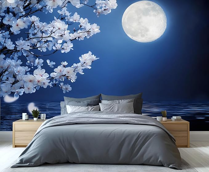 Japanese Mural Wallpaper, Japanese Cherry Blossoms Murals, Moon View Murals Wallpaper for Living Room Bedroom Home Decor Mural - 78.7" W x 39.23" H (Not Peel Stick)