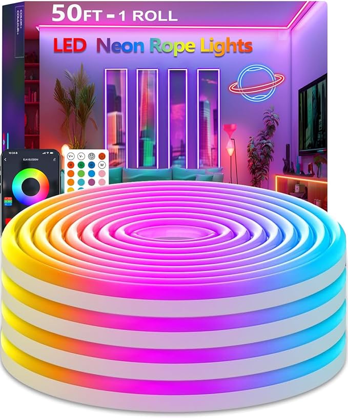 50Ft Neon Rope Lights,Flexible Led Rope Lights Control with App/Remote,Multiple Modes Rope Lights,IP67 Outdoor Waterproof,Music Sync Light Strip for Bedroom
