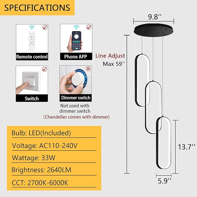 Modern Ring Chandelier LED Dimmable Ceiling Light for Kitchen Island Living Room Staircaes Dining Room Black
