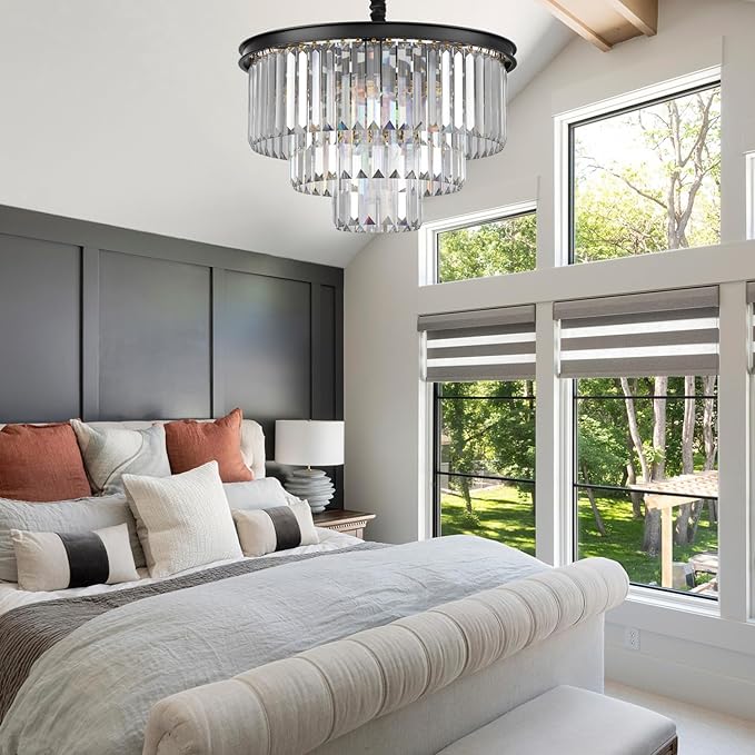 Modern Black Crystal Chandelier,3-Tier Round Pendant Ceiling Fixture with Height Adjustable Luxury Hanging Chandelier for Dining Room,Living Room,Entryway,Bedroom,Kitchen,and Foyer (Black Crystal-3)