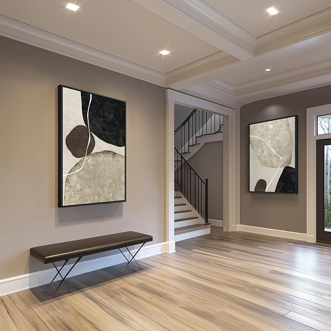 Large Framed Neutral Abstract Wall Art Set of 2, Modern Black Beige Brown Canvas Prints Paintings Artwork for Walls, Minimalist Stone Shape Pictures for Living Room Dining Bedroom Wall Decor 24x36 In