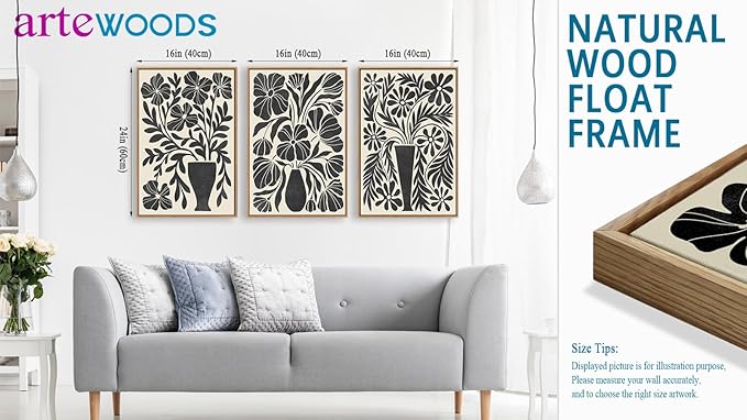 arteWOODS Botanical Framed Wall Art - Neutral Abstract Pictures Vintage Boho Floral Wall Decor Black Beige Minimalist Prints Aesthetic Vase Flowers Painting Artwork 16" x 24" Set of 3 Natural Framed