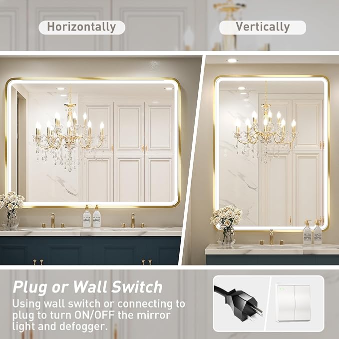 48X36 Inch LED Bathroom Mirror,Wall Mounted Lighted Vanity Mirrors with Non-Rusting Gold Metal Frame Anti-Fog Memory Funtion Stepless Dimmable(Horizontal/Vertical)