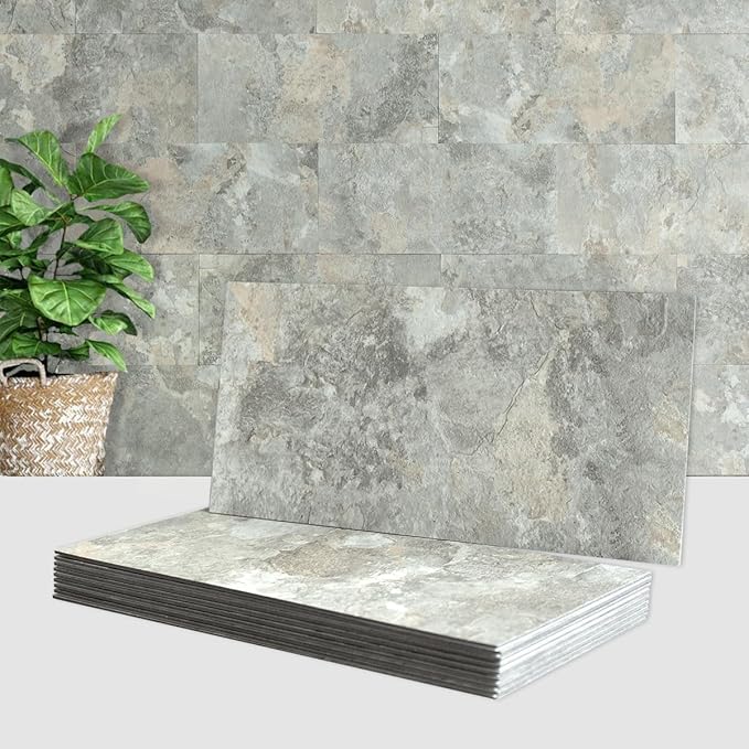 AULIGET 2-Piece Peel and Stick Backsplash Wall Tiles, 6" x 12" Grey & Beige Slate PVC Faux Stone Stick on Tiles for Backsplash Kitchen