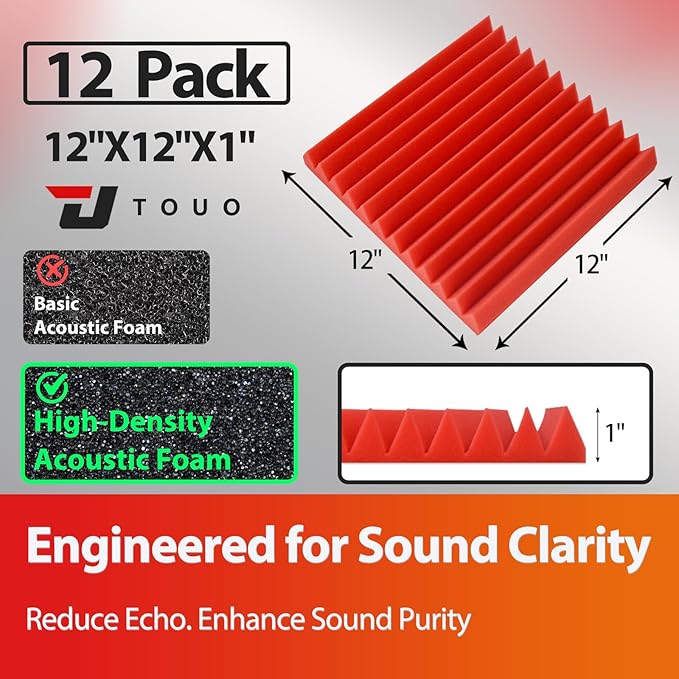 12 Pack Acoustic Panels – Sound Proof Foam Panels for Wall 12"x12"x1", Flame Retardant Wedge Acoustic Foam, High-Density Sound Absorbing Panels for Home Studio(Red, 1" Thick 12 Pack)