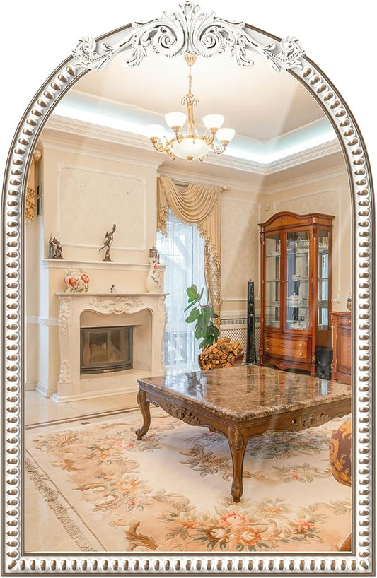 24''x36'' Arched Wall Mirror with Beads Wooden, Vintage Baroque Decorative Arch Mirrors for Entryway, Fireplace, Living Room, Hallway, Bathroom Boho Accent