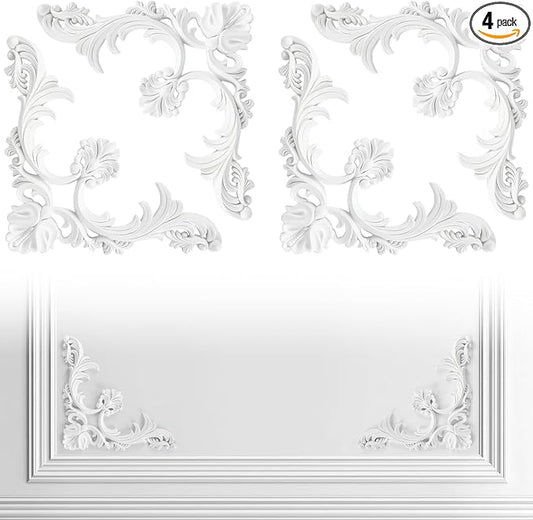 4 Pcs PU Ceiling Molding Kit 13.4 x 13.4 in Luxe Architectural Corners Decoration Murals Trim Premade Flowers Pattern French Style Wall Decor for Ceiling Decorative Panels for Wall