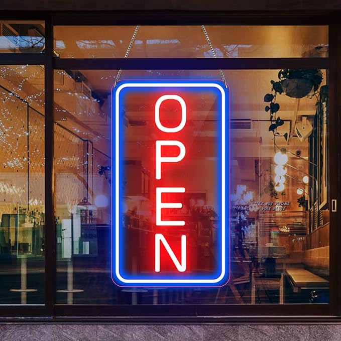 16"x 9" Ultra Bright 12V Neon Open Sign for Business, LED Open Neon Sign, Electric Light up Signs for Stores, Restaurants Shops Window (Blue-Red-Vertical)