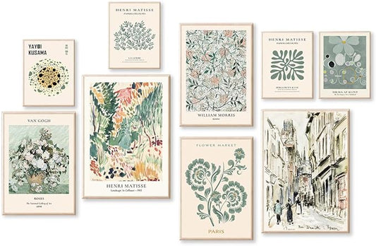 KBKBART 9 PCS Sage Green Wall Art - Eclectic Decor, Abstract Posters for Room Aesthetic, Matisse Wall Art for Bedroom
