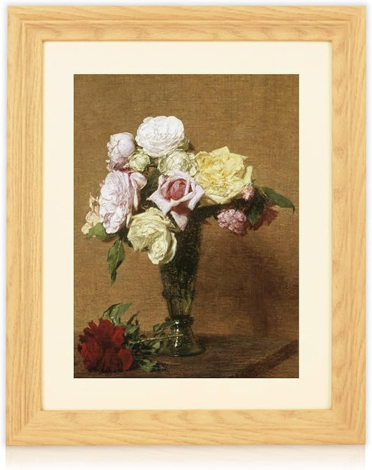 Brivoria Framed Canvas Wall Art Vintage Decor, Colorful Roses in Fluted Vase Autumn Botanical Still Life Print with Warm Brown Background for Entryway Hallway Reading Nook or Rustic Fall Display,13x16