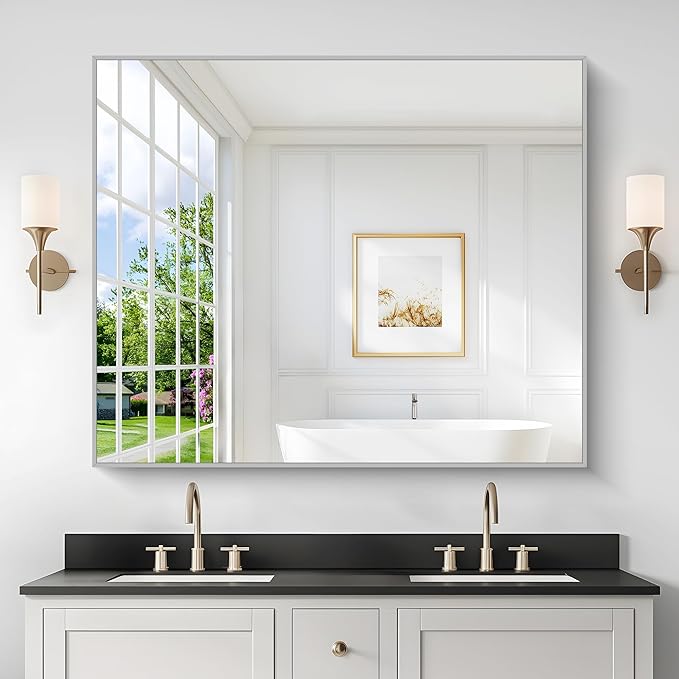 40x48inch Silver Bathroom Mirror, Silver Rectangle Mirror with Frame, Large Rectangular Wall Mirrors for Bathroom, Living Room, Hair Salon, Big Farmhouse Mirror Hang Horizontal/Vertical