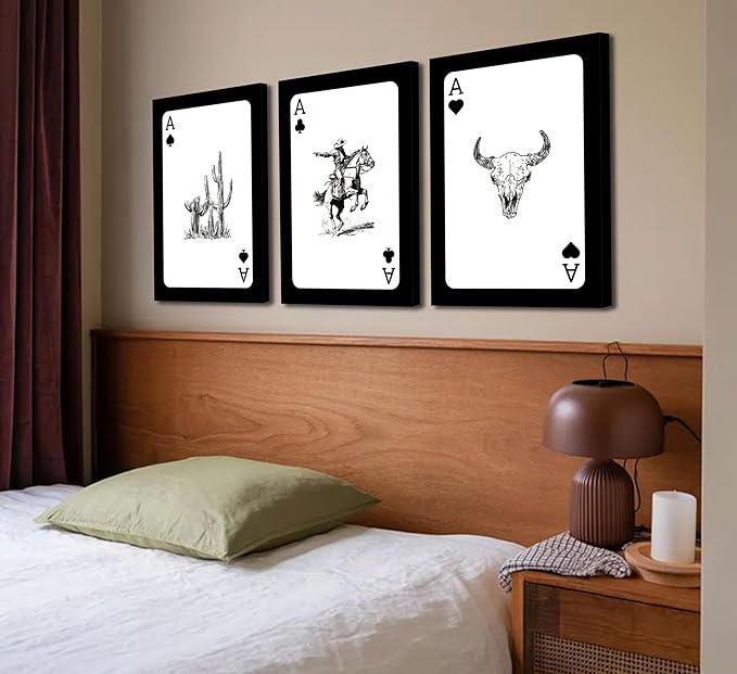 3Pcs Western Cowboy Canvas Wall Art Rustic Southwestern Style Poster Funny Creative Poker Ace Print Retro Western Aesthetic Image Cowboy Horse Bull Skull Cactus Painting for Bedroom Living Room Bathroom 16x24in Framed