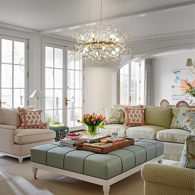 Modern Crystal Firework Chandelier, 12-Light (Bulb Included) Gold Dandelion Dining Room Light Fixtures, Round Hanging Pendant Light for Hight Ceiling, Living Room, Entryway, Staircase, Foyer