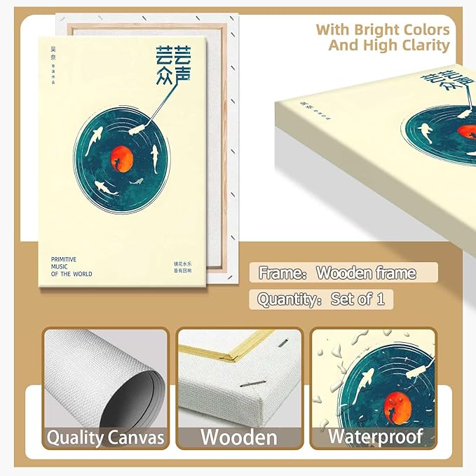 Japanese Canvas Wall Art Retro Music Cover Poster Modern Ukiyo-E Picture Asian Aesthetic Prints Painting For Home Bedroom Dorm Living Room Wall Decor 24x36in Framed
