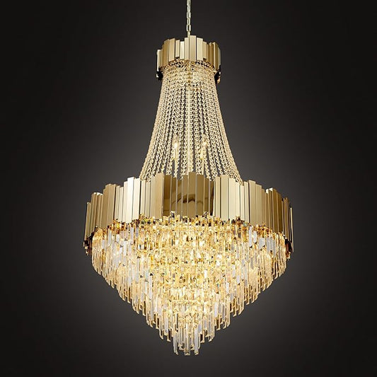 Large Gold Luxury Crystal Chandeliers, 27-Light Empire Crystal Chandelier Light Fixture Modern High Ceiling Hanging Chandelier for Foyer,Staircase,Front Entry,Entryway (D36''×H57)