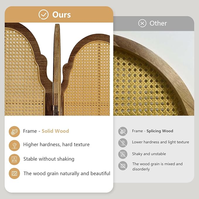 4 Panel Rattan Room Divider, 6 FT Tall Portable Partition Solid Wood Frame Folding Privacy Screen, Partition Room Divider Ideal for Bedroom Living Room Office, Dark Brown