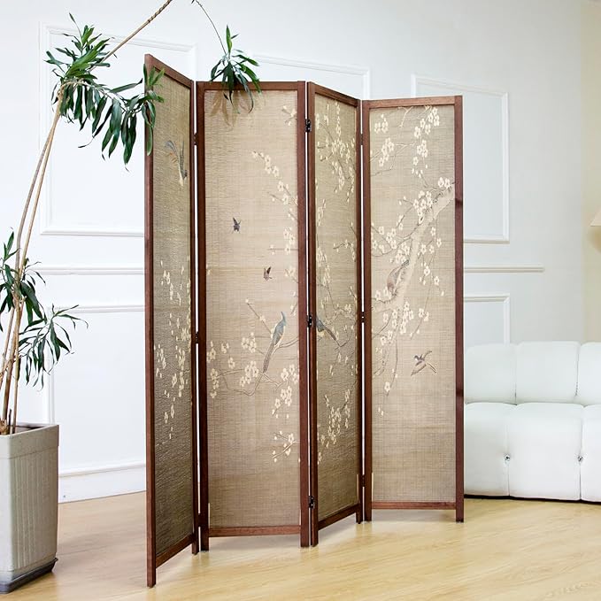 4 Panel Room Divider Screen and Folding Panel Screen,Double Sided Bamboo Divider for Room Separation,White Plum and Birds,67" H x 63" W,67" H x 63" W