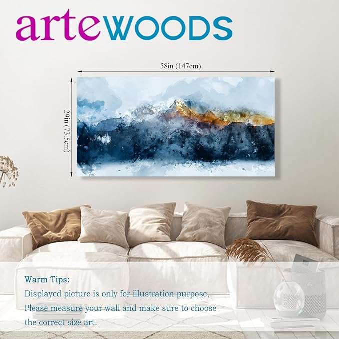 arteWOODS Mountain Canvas Wall Art Indigo Abstract Mountain Painting Prints Blue Clouds Orange Mountain Peaks Pictures Artwork for Living Room Bedroom Gallery Wall Decor Ready to Hang 29" X 58"