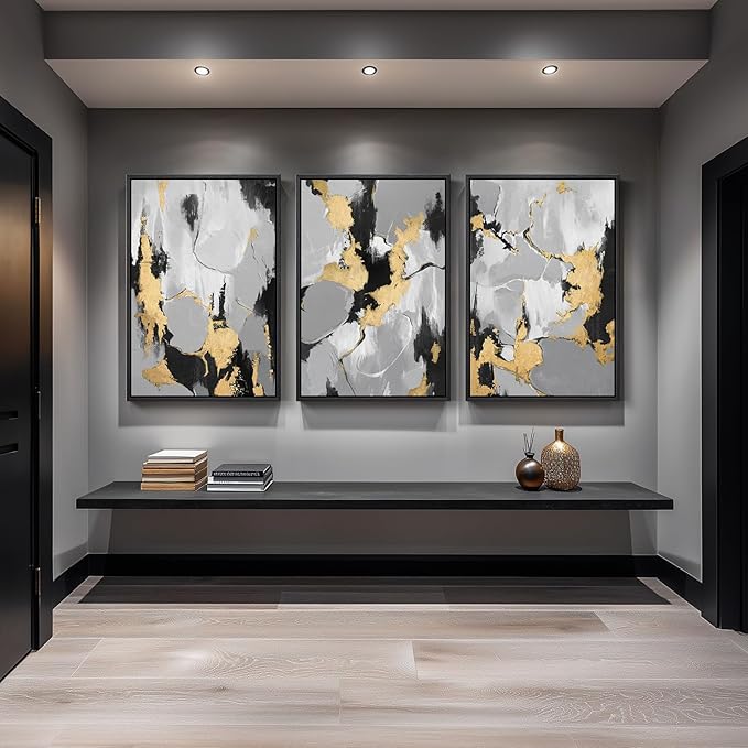 Large Framed Abstract Wall Art for Living Room, 3 Piece Modern Canvas Prints Paintings Artwork for Walls, Black Grey Gold Abstract Pictures for Hallway Stair Dining Room Office Wall Decor 24x36 Inch