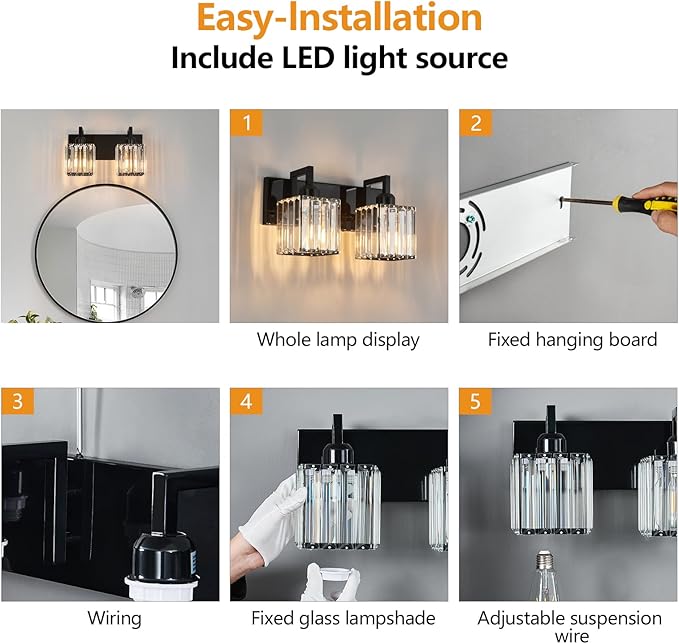 Modern Bathroom Vanity Light 2-Lights Plating Black Vanity Light Crystal Wall Light Bathroom Light Fixtures