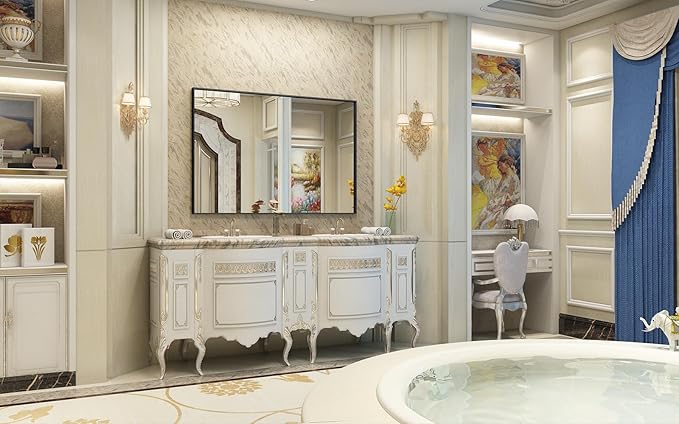 48x32 Black Framed Bathroom Mirror, Matte Black Bathroom Vanity Mirror Farmhouse, Large Rectangle Wall Mirror, Anti-Rust, Tempered Glass, Shatter-Proof, Easy to Install Vertically/Horizontally