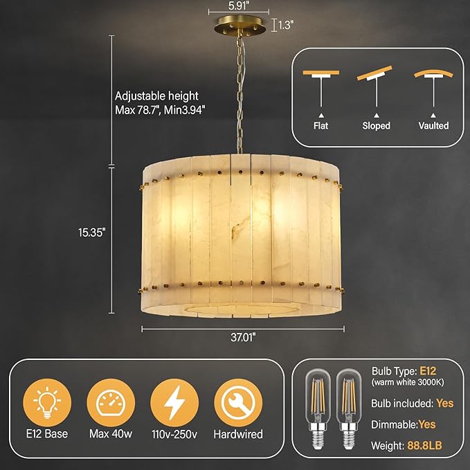 22.4" Round Alabaster Chandelier, Modern Dining Room Chandeliers with Adjust Height, 6-Light Marble Hanging Pendant Dining Light Fixture for Kitchen Island, Living Room, Bedroom, Foyer, Entryway