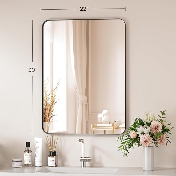 Black Bathroom Mirror 22x30 Inch Bathroom Vanity Mirror for Wall, Metal Frame Large Mirror, Tempered Glass, Modern Wall Mirror for Bathroom, Farmhouse, Horizontally or Vertically Hanging