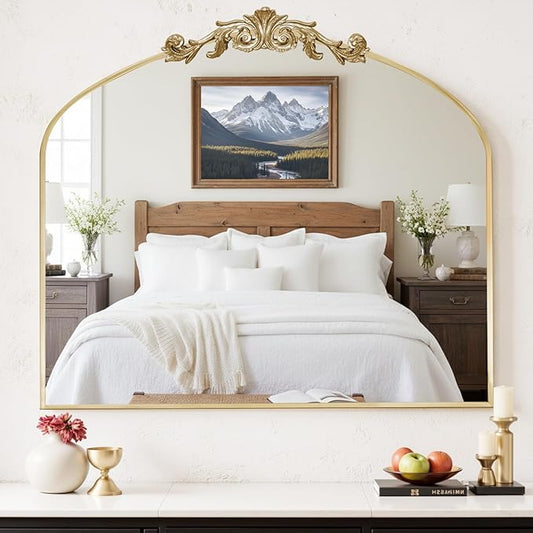 MISSDAY Vintage Arched Baroque Mirror for Wall, 36"X30" Antique Wall Mirror with Elegant Carving Top, Full Metal Frame Wall-Mounted Mirror for Bathroom, Living Room, Fireplace, Entryway, Retro Gold