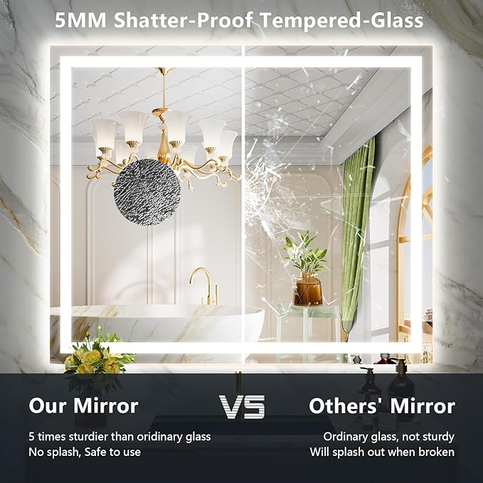 51x40 Inch LED Bathroom Mirror with Lights Front and Backlit Lighted Vanity Mirror for Bathroom Wall with 3 Colors Dimmable Anti-Fog Memory Shatter-Proof IP54 Waterproof Horizontal/Vertical