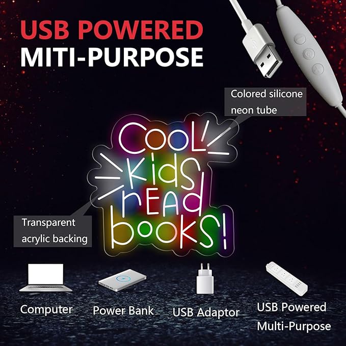 Cool Kids Read Books Neon Sign Reading Led Neon Light for Reading Room Library Reading Corner Light Up Sign for Wall Decor with Dimmable Switches Library Classroom Book Club