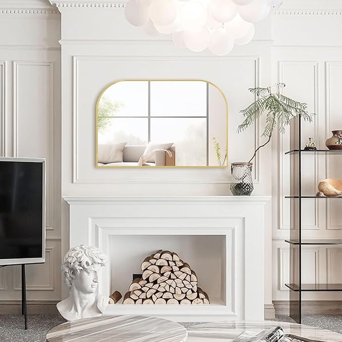 Modern Large Wall Mirror, Modern Mantel Minimalist Home Decor, Brushed Gold Metal Framed Arched Mirror for Living Room, Bedroom, Fireplace, Mantle, Entryway, Bathroom, 36" x 24", Gold