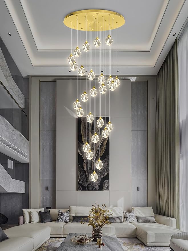 26 Light Gold Large Crystal Chandeliers for High Ceiling 135 inches Long Spiral Staircase Chandelier High Foyer Ceiling Chandelier LED Dimmable 2700-6000K
