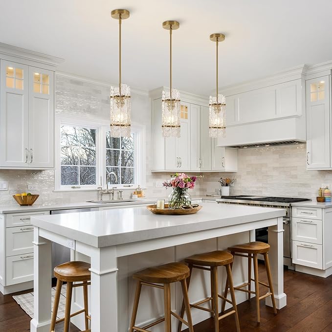 Modern Gold Crystal Pendant Light for Kitchen Island, Luxury Mini Water Ripple Glass Chandelier Lights Fixture, Round Adjustable Hanging Pendant Lighting for Dining Room Bedroom Hallway (1-Pack)