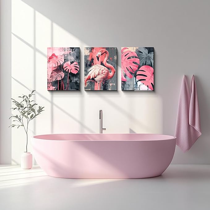 NAN Wind 3PCS Pink Flamingo Wall Art Modern Tropical Monstera Leaves Canvas Print Palm Leaf Bird Wall Decor Contemporary Botanical Print Nature-Inspired Artwork Living Room Decor Bedroom Home