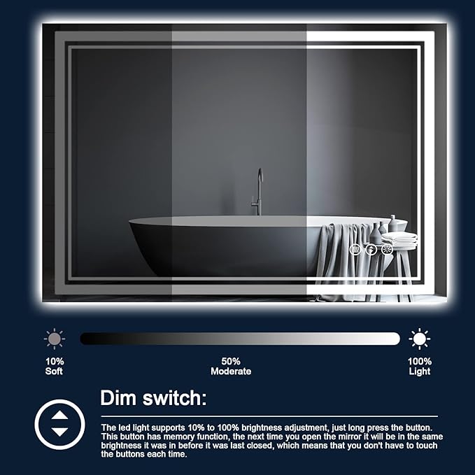 40x30 Inch LED Bathroom Mirror with Lights, Backlit and Front Lighted Bathroom Mirrors for Wall, Anti-Fog Dimmable Memory Shatterproof LED Vanity Mirror for Bathroom