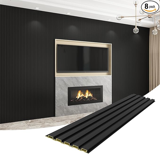 8-Pack WPC Wall Panels 108’’ x 6.3’’ 3D Slat Wall Panel Acoustic Wall Paneling for Interior Wall Decor TV Background Kitchen Bedroom Black