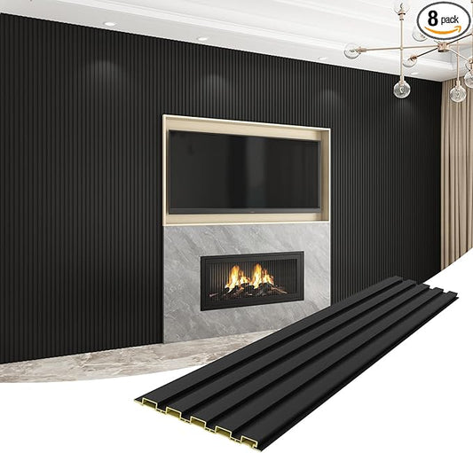 8-Pack WPC Wall Panels 108’’ x 6.3’’ 3D Slat Wall Panel Acoustic Wall Paneling for Interior Wall Decor TV Background Kitchen Bedroom Black