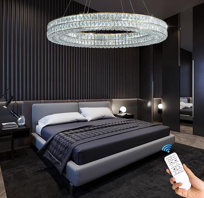 47.5 inch Large Ring Chandelier Gold Ring Pendant Light Round Crystal Chandelier for Dining Room Living Room Led Dimmable 2700k-6000k