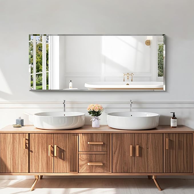 KOCUUY Beveled Mirror, 20x48 Inch Frameless Bathroom Mirror for Over Sink, Upgraded Shatterproof Beveled Unframed Design Mirror for Bathroom, Bedroom, Hang Horizontal/Vertical
