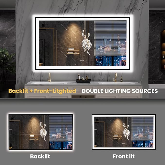 LOAAO 72"X40" LED Bathroom Mirror Black Framed, Anti-Fog, Dimmable, Lighted Bathroom Vanity Mirror for Wall, Memory Function, Tempered Glass